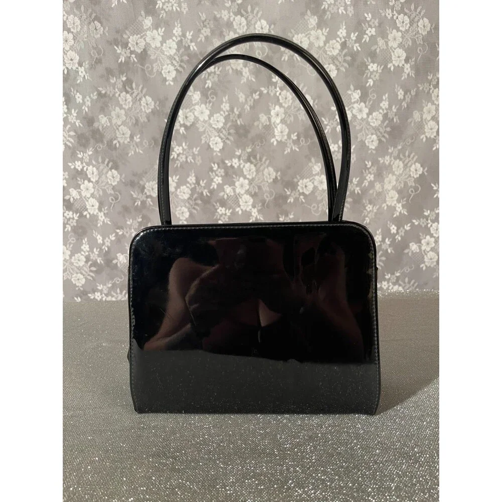 Vintage 60s Black Patent Purse 1960s Retro Mod Chic Pinup Little Black Handbag